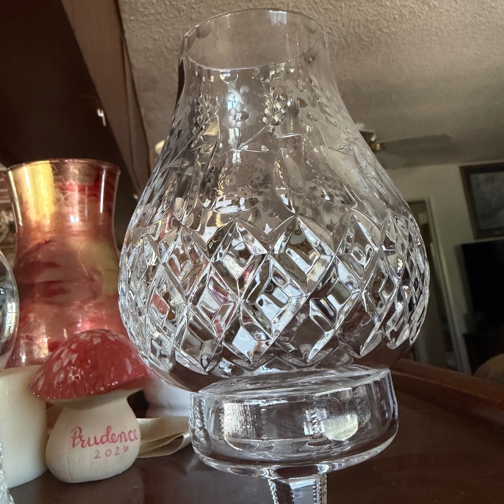 Vintage Crystal Hurricane Candle Holder Etched Floral Diamond 2 Piece Clear 7.5" - Picture 9 of 16